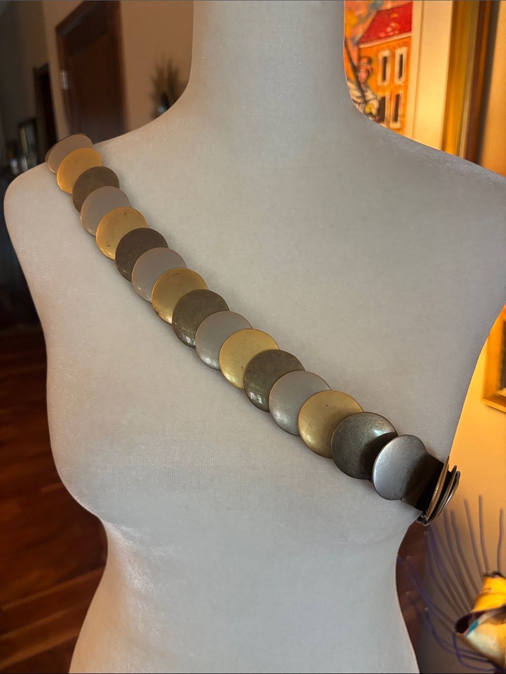 Vintage Metal Disc Elastic Statement Belt in Mixed Metallics